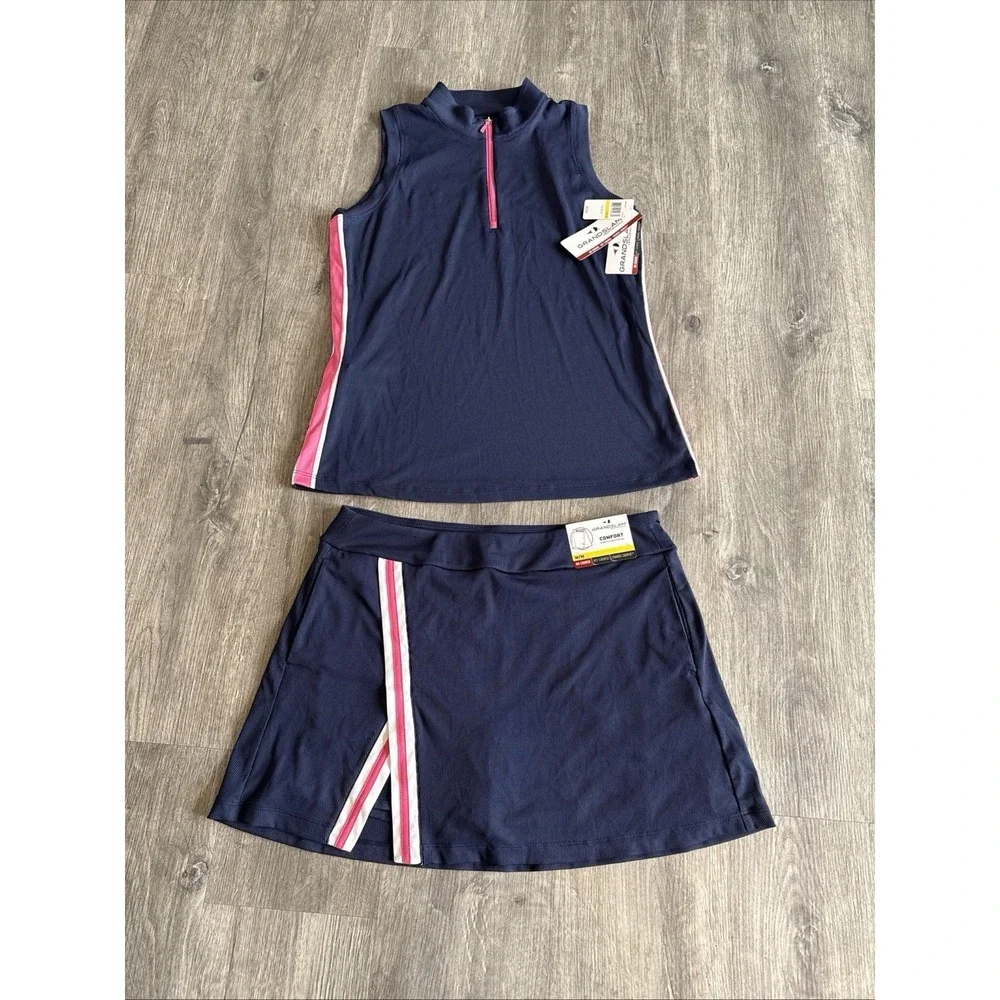 Grand Slam Performance Women Tennis Pickleball 2 pc Set Skort‎ Tank Navy NWT Med